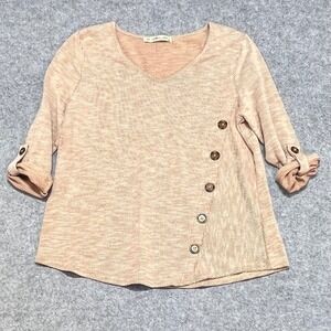 All in Love Tan Striped V-Neck Roll Tab Sleeve Side Button Knit Top Small‎